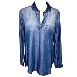 Cloth & Stone Chambray Tencel V-Neck Long Sleeve Pullover Tunic Top Blouse